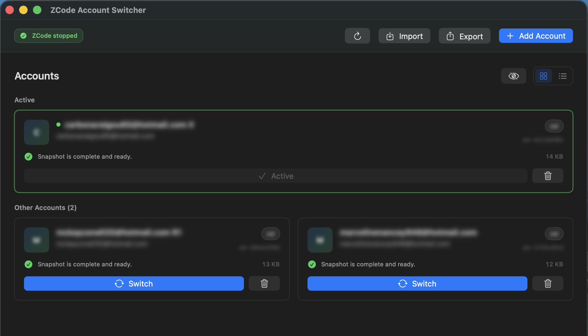 ZCode Account Switcher showing saved ZCode accounts and switching controls.